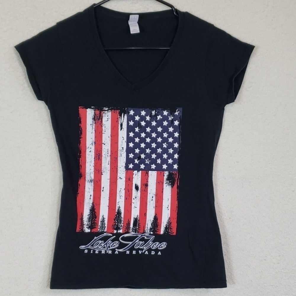 Lake Tahoe V-neck tee with flag